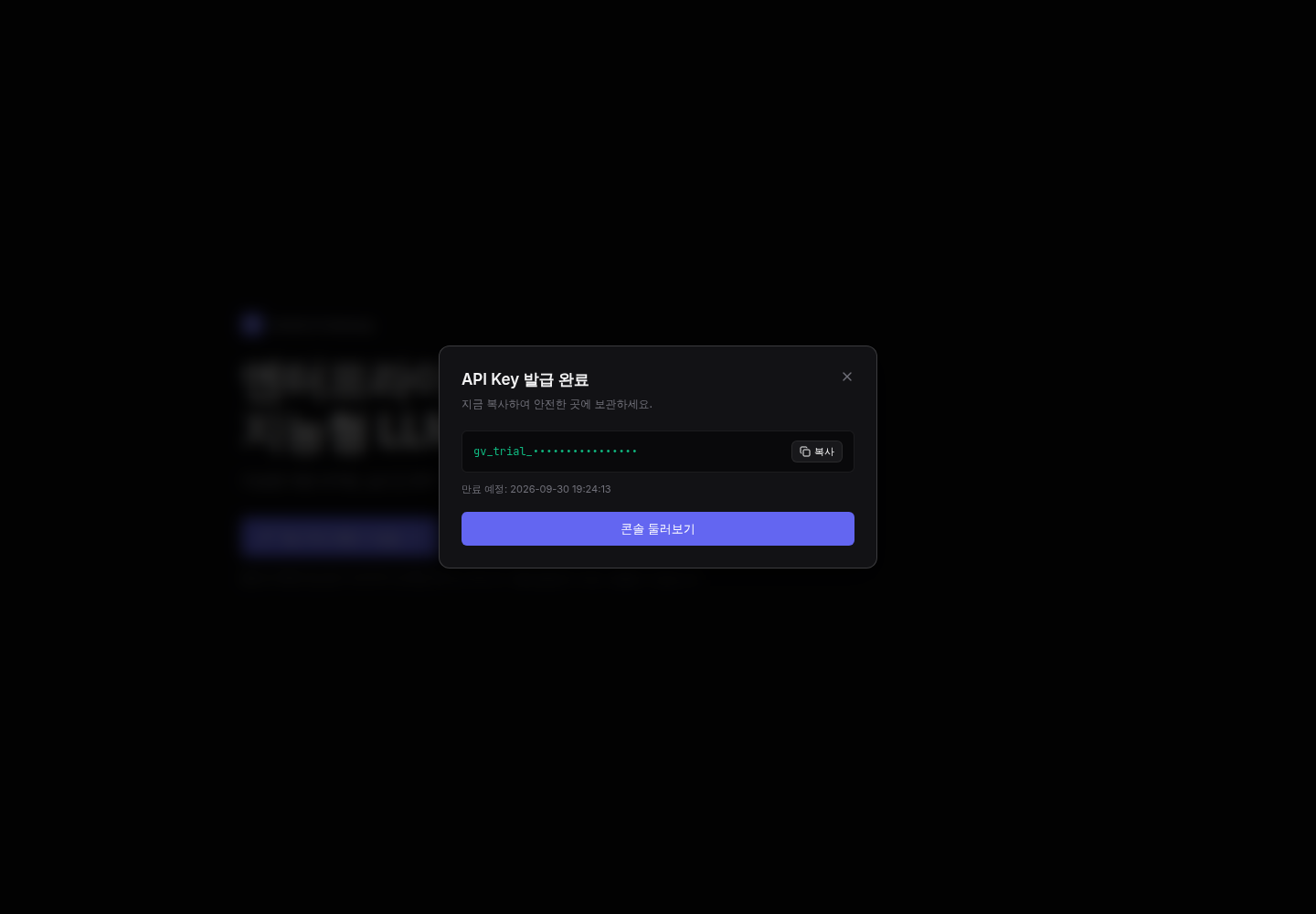 GoVail Console에서 발급된 API Key 마스킹 화면